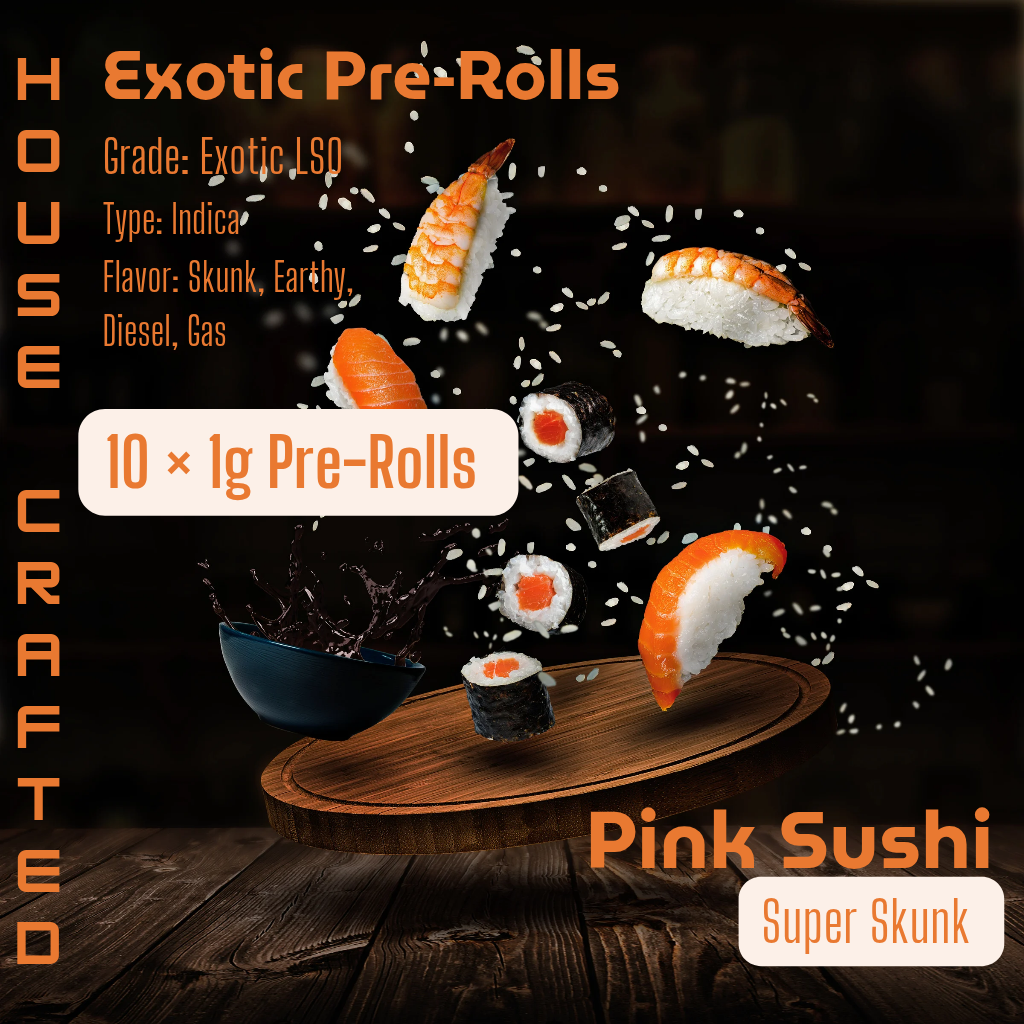 Pink Sushi 29% THC | 10 × 1g Exotic Pre-Rolls | Indica