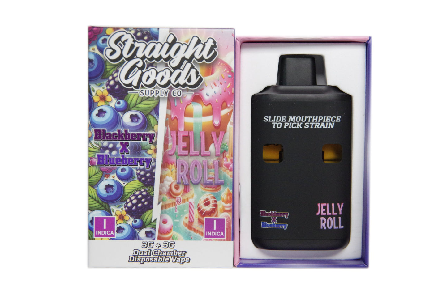 * New All Indica Strains with LCD Screen * – Straight Goods Dual Chamber Vape – Blackberry X Blueberry + Jelly Roll (3 Grams + 3 Grams)