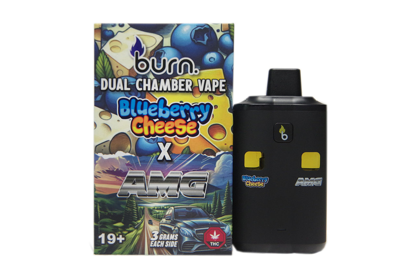 * 6 Gram Dual Chamber Burn Disposable Vape – Blueberry Cheese + AMG (3+3 Gram)